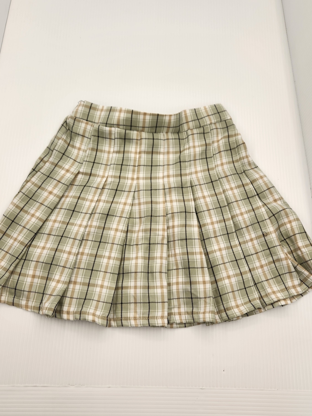 Charlotte Russe Plaid Pleated Skater Skirt in Sage and Beige